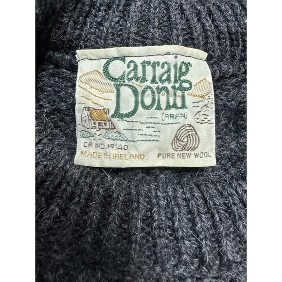 Vintage Carraig Donn Gray 100% Wool Irish FishermanSweater S